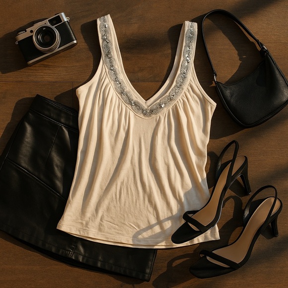 Y2K Nine & Co L Cream Beaded Babydoll Tank Small Glam Sequin Sparkle Going Out - Picture 3 of 10
